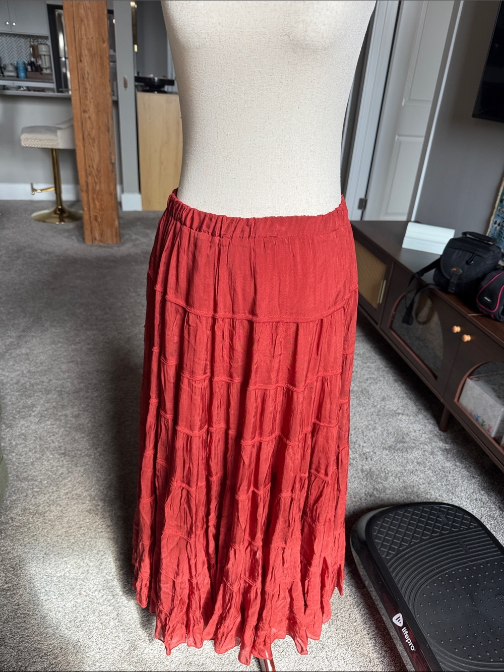 All Saints Red Tiered Maxi Skirt